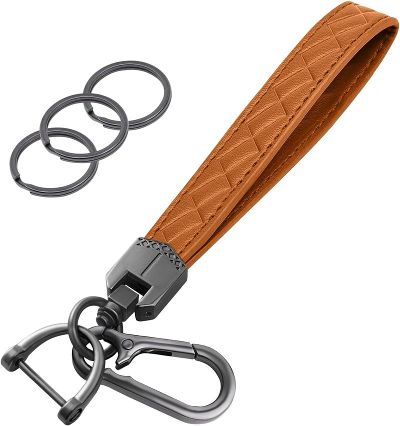 OHKYOOT Store Leather Wristlet Keychain,Car Key Chain Wrist Keychain with 3 Key Ring and Anti-Lost D Ring (Brown Black) - Image 1